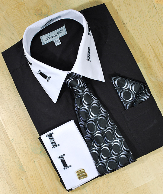 Fratello Black / White Laced Spread Collar And French Cuffs Shirt/Tie/Hanky Set FRV4105P2